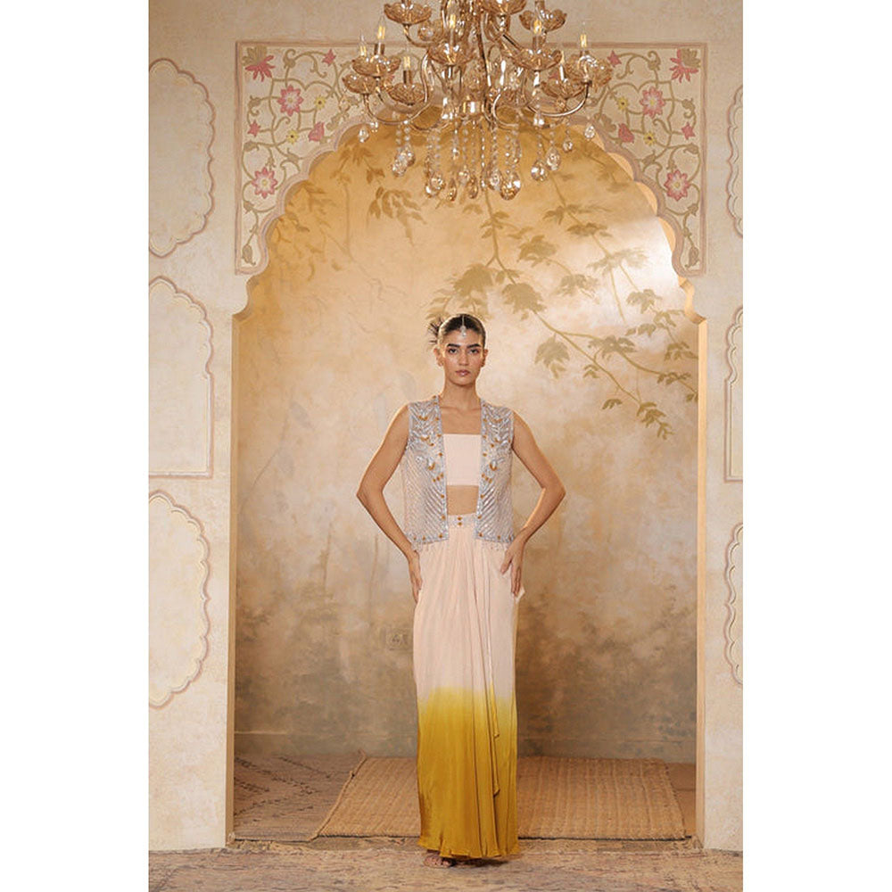 Sunanta Madaan Yellow Crepe Hand Crafted Draped Skirt with Top and Cape