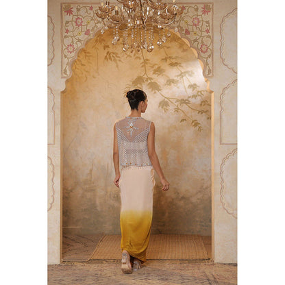 Sunanta Madaan Yellow Crepe Hand Crafted Draped Skirt with Top and Cape