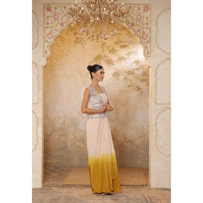 Sunanta Madaan Yellow Crepe Hand Crafted Draped Skirt with Top and Cape