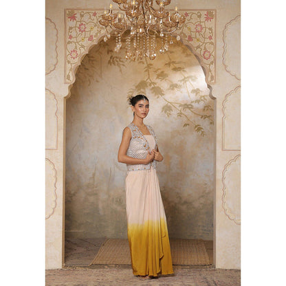 Sunanta Madaan Yellow Crepe Hand Crafted Draped Skirt with Top and Cape