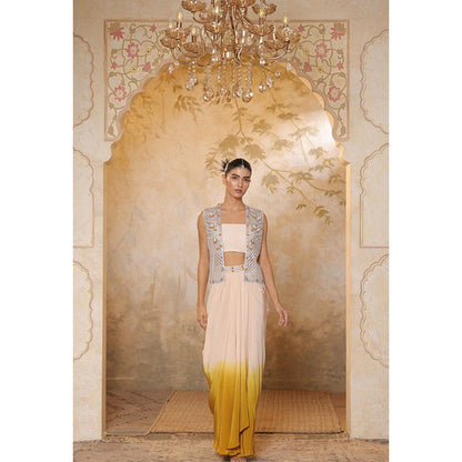 Sunanta Madaan Yellow Crepe Hand Crafted Draped Skirt with Top and Cape