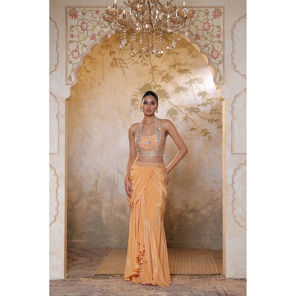 Sunanta Madaan Orange Viscose Crepe Skirt with Top