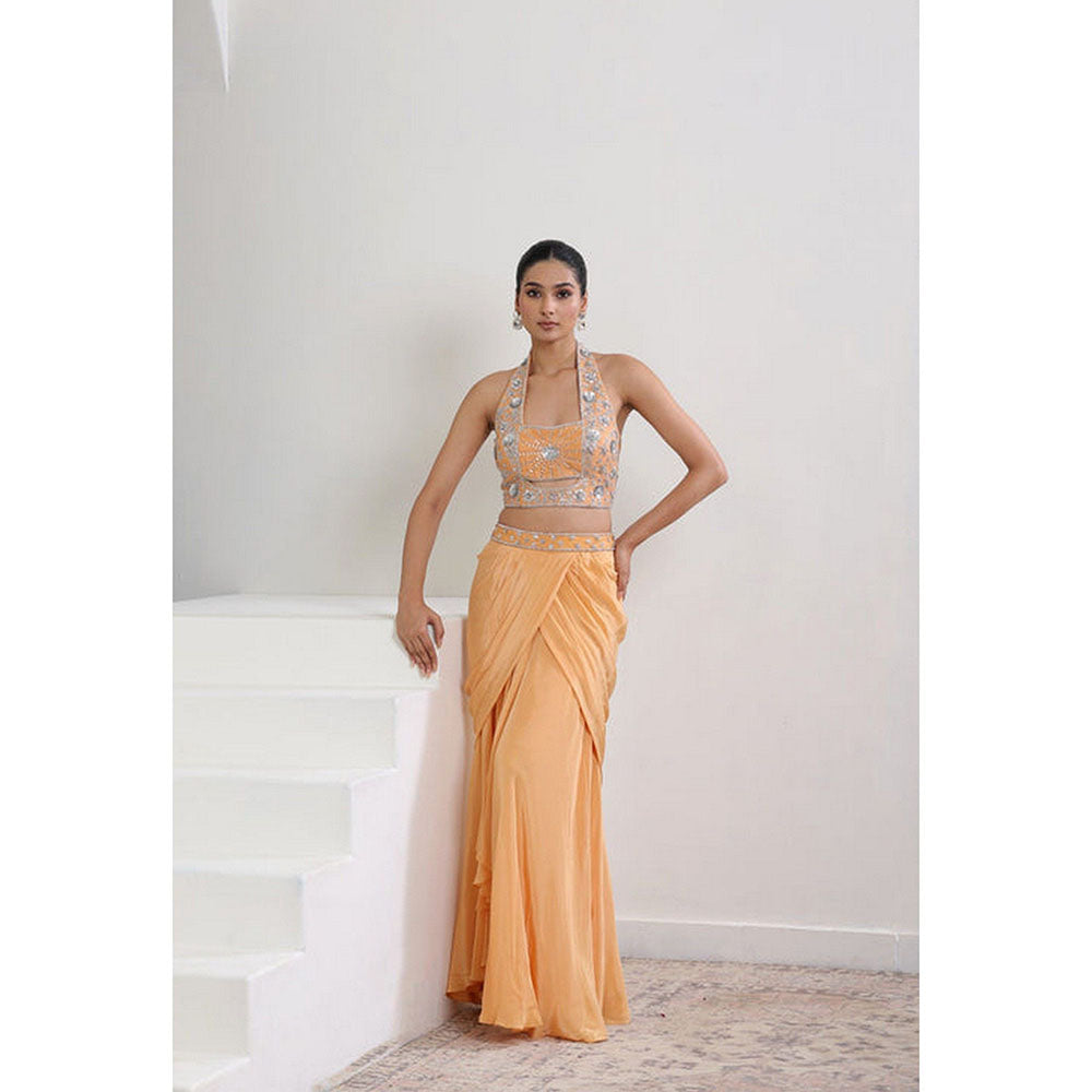 Sunanta Madaan Orange Viscose Crepe Skirt with Top