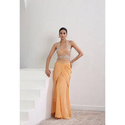 Sunanta Madaan Orange Viscose Crepe Skirt with Top