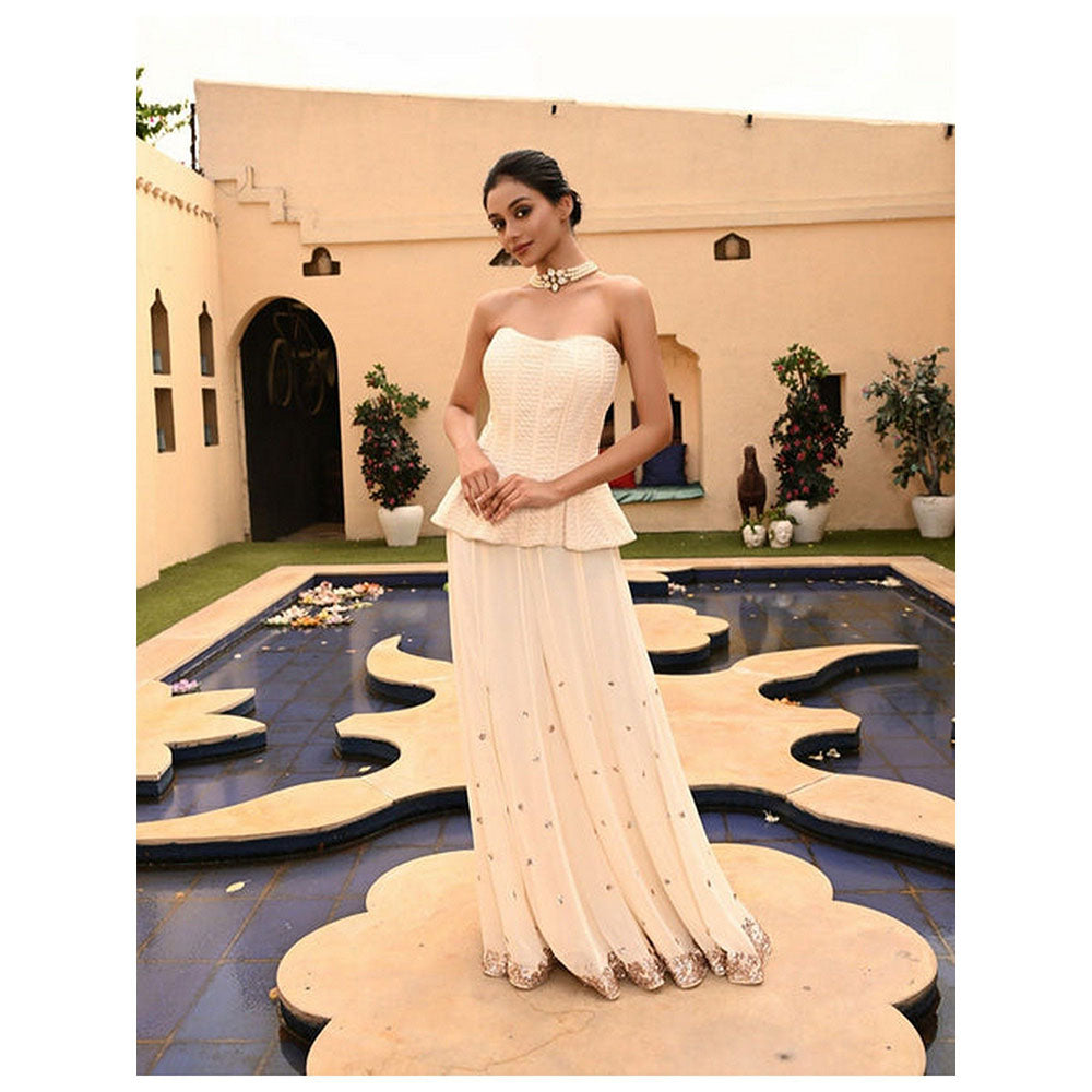 Sunanta Madaan Ivory Indo-Western Palazzo with Off-Shoulder Corset Top