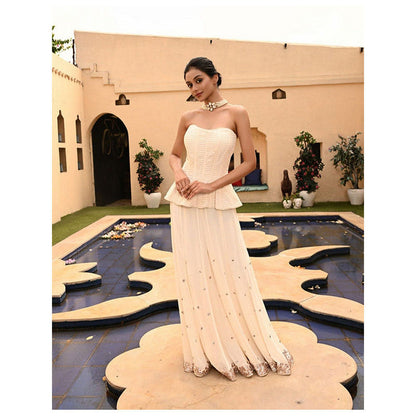Sunanta Madaan Ivory Indo-Western Palazzo with Off-Shoulder Corset Top