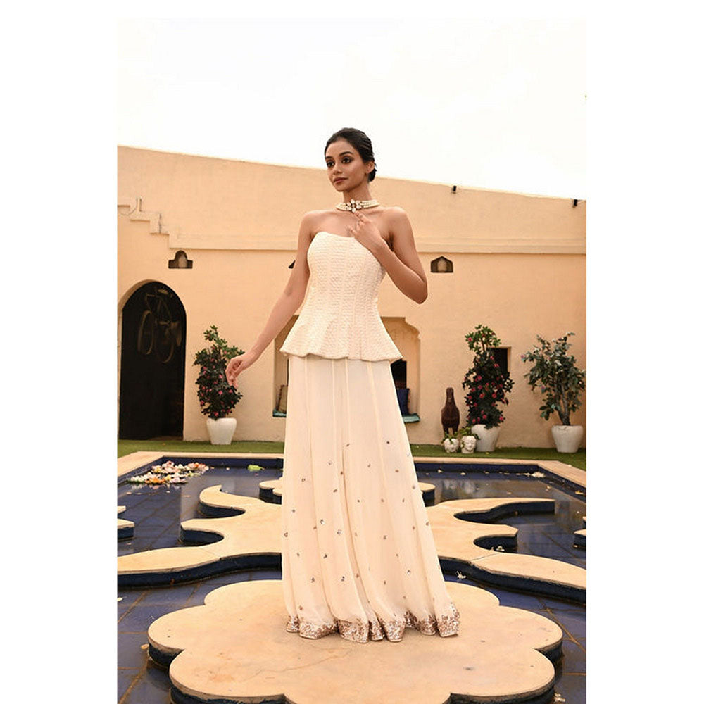 Sunanta Madaan Ivory Indo-Western Palazzo with Off-Shoulder Corset Top