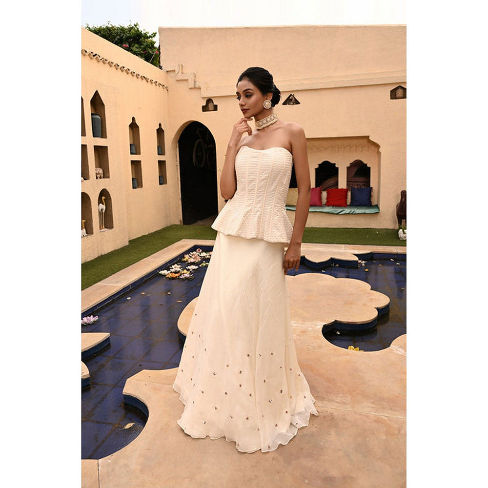 Sunanta Madaan Ivory Indo-Western Palazzo with Off-Shoulder Corset Top
