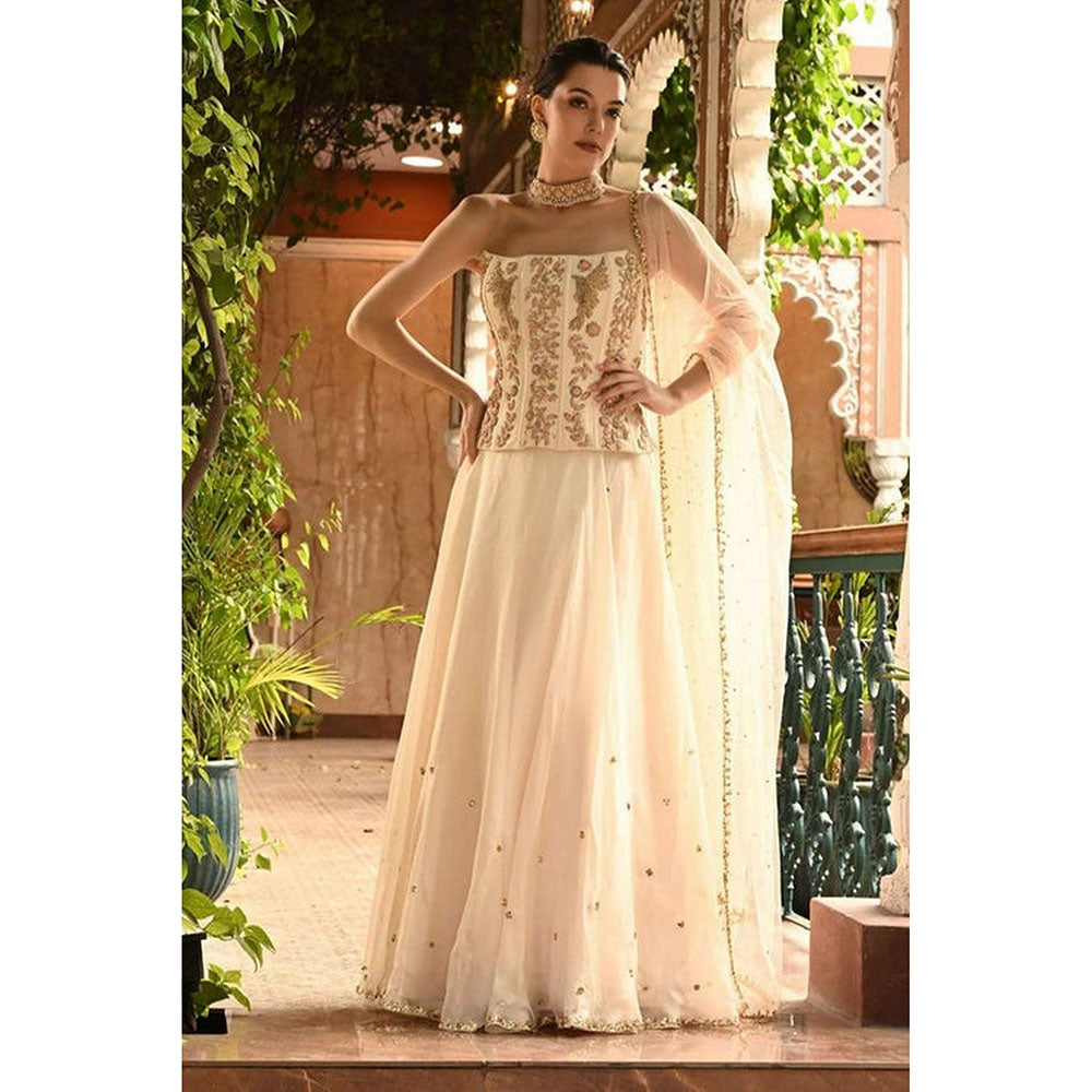 Sunanta Madaan Ivory Indo Western Lehenga with Corset Blouse and Dupatta