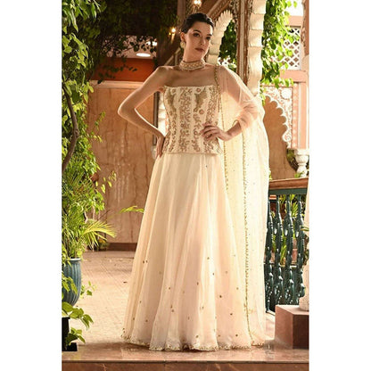 Sunanta Madaan Ivory Indo Western Lehenga with Corset Blouse and Dupatta