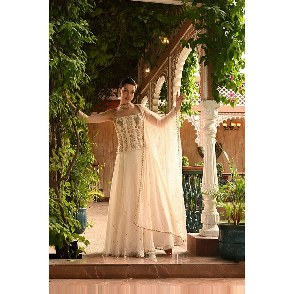 Sunanta Madaan Ivory Indo Western Lehenga with Corset Blouse and Dupatta