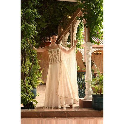 Sunanta Madaan Ivory Indo Western Lehenga with Corset Blouse and Dupatta