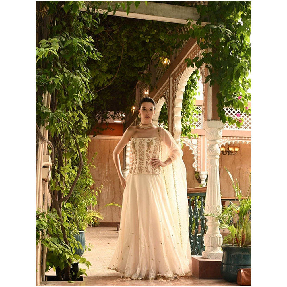 Sunanta Madaan Ivory Indo Western Lehenga with Corset Blouse and Dupatta