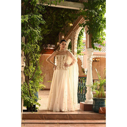 Sunanta Madaan Ivory Indo Western Lehenga with Corset Blouse and Dupatta