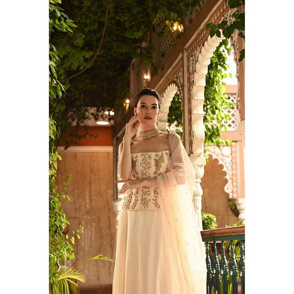 Sunanta Madaan Ivory Indo Western Lehenga with Corset Blouse and Dupatta