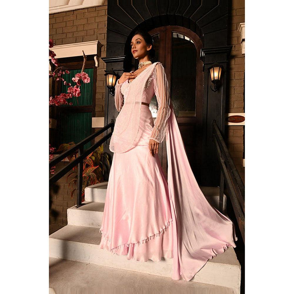 Sunanta Madaan Pink Indo-Western Pre-Drape Saree with Stitched Blouse