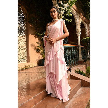 Sunanta Madaan Pink Ruffle Indo Western Pre-Drape Saree with Stitched Blouse