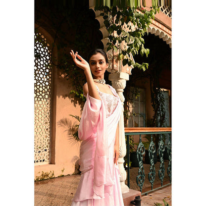 Sunanta Madaan Pink Ruffle Indo Western Pre-Drape Saree with Stitched Blouse