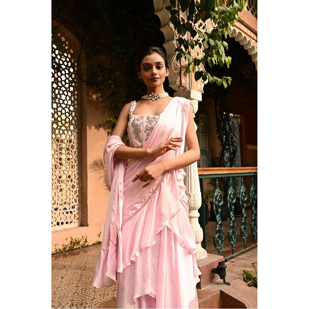 Sunanta Madaan Pink Ruffle Indo Western Pre-Drape Saree with Stitched Blouse