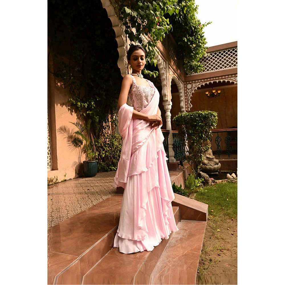 Sunanta Madaan Pink Ruffle Indo Western Pre-Drape Saree with Stitched Blouse