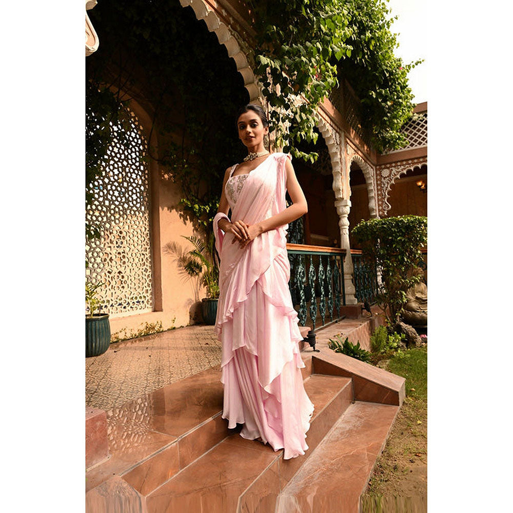 Sunanta Madaan Pink Ruffle Indo Western Pre-Drape Saree with Stitched Blouse