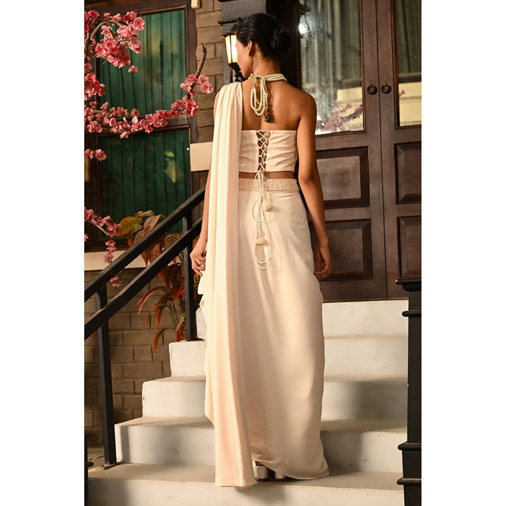 Sunanta Madaan Ivory Indo-Western Pre-Drape Saree with Stitched Blouse
