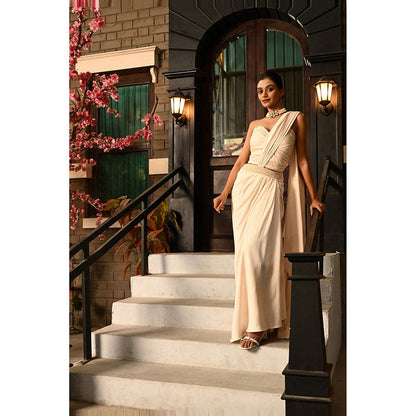Sunanta Madaan Ivory Indo-Western Pre-Drape Saree with Stitched Blouse