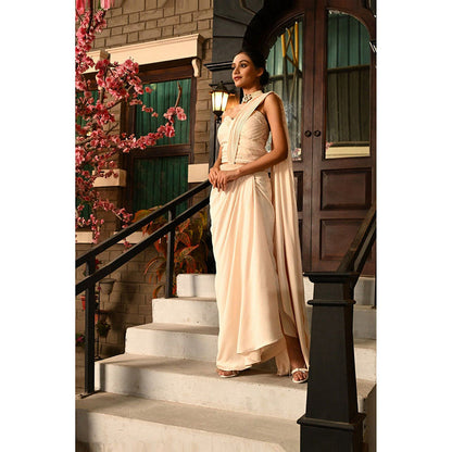 Sunanta Madaan Ivory Indo-Western Pre-Drape Saree with Stitched Blouse