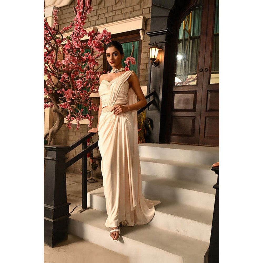 Sunanta Madaan Ivory Indo-Western Pre-Drape Saree with Stitched Blouse