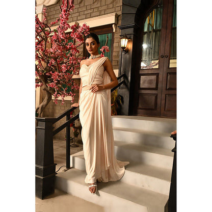 Sunanta Madaan Ivory Indo-Western Pre-Drape Saree with Stitched Blouse