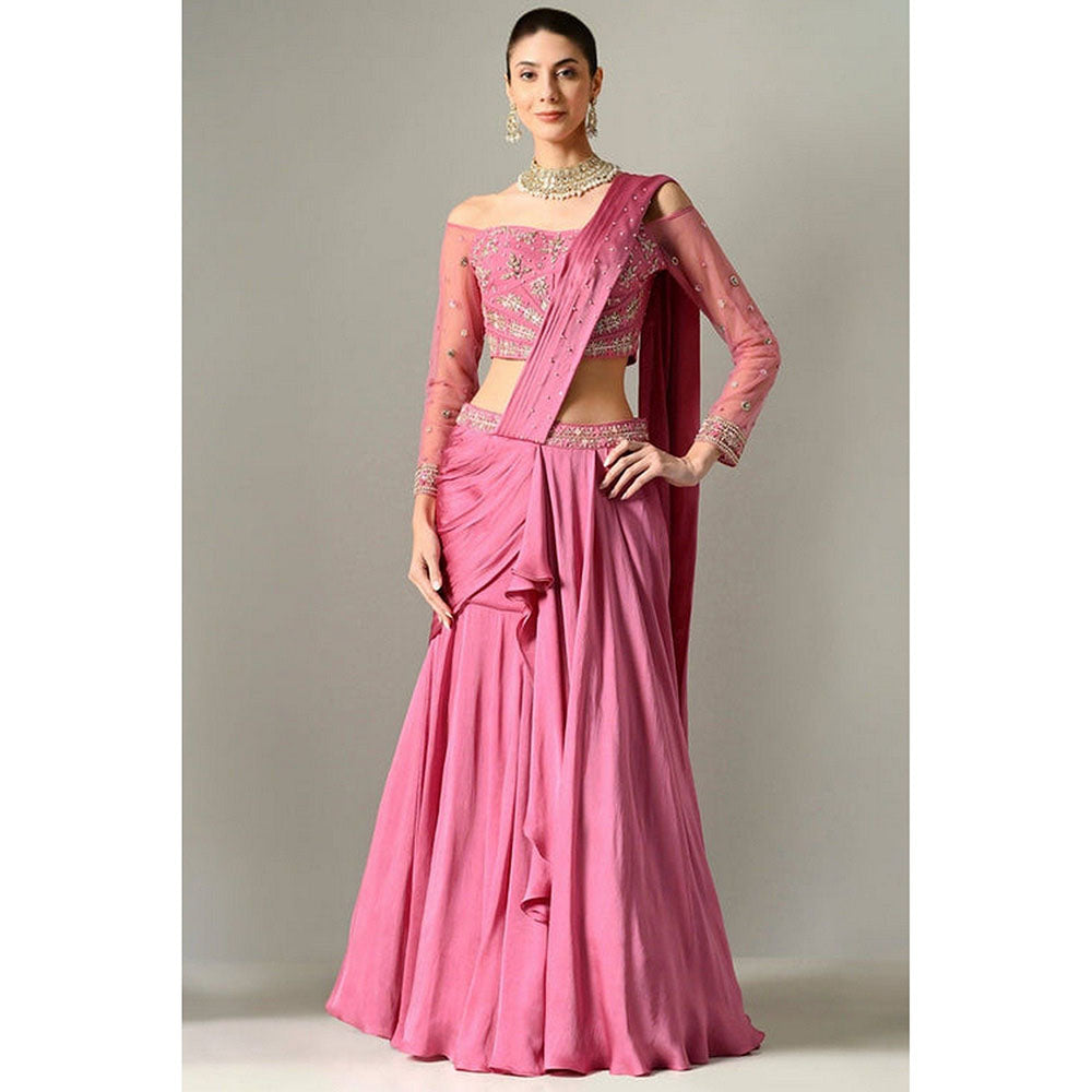 Sunanta Madaan Mauve Lehenga Pre-Drape Saree with Stitched Blouse