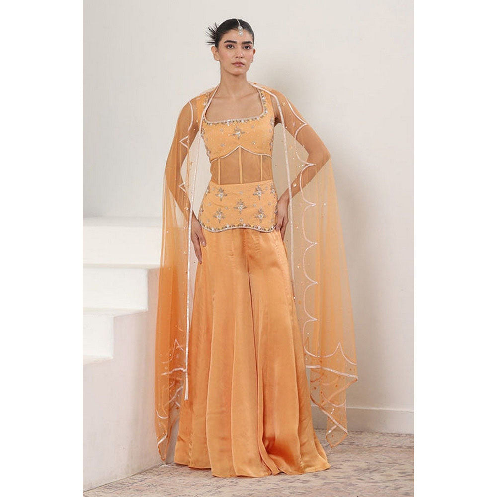 Sunanta Madaan Orange Silk Crepe Draped Sharara with Tunic and Dupatta