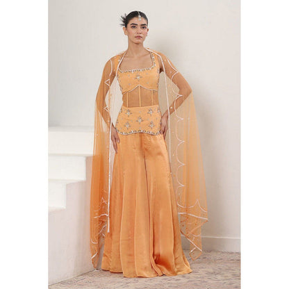 Sunanta Madaan Orange Silk Crepe Draped Sharara with Tunic and Dupatta