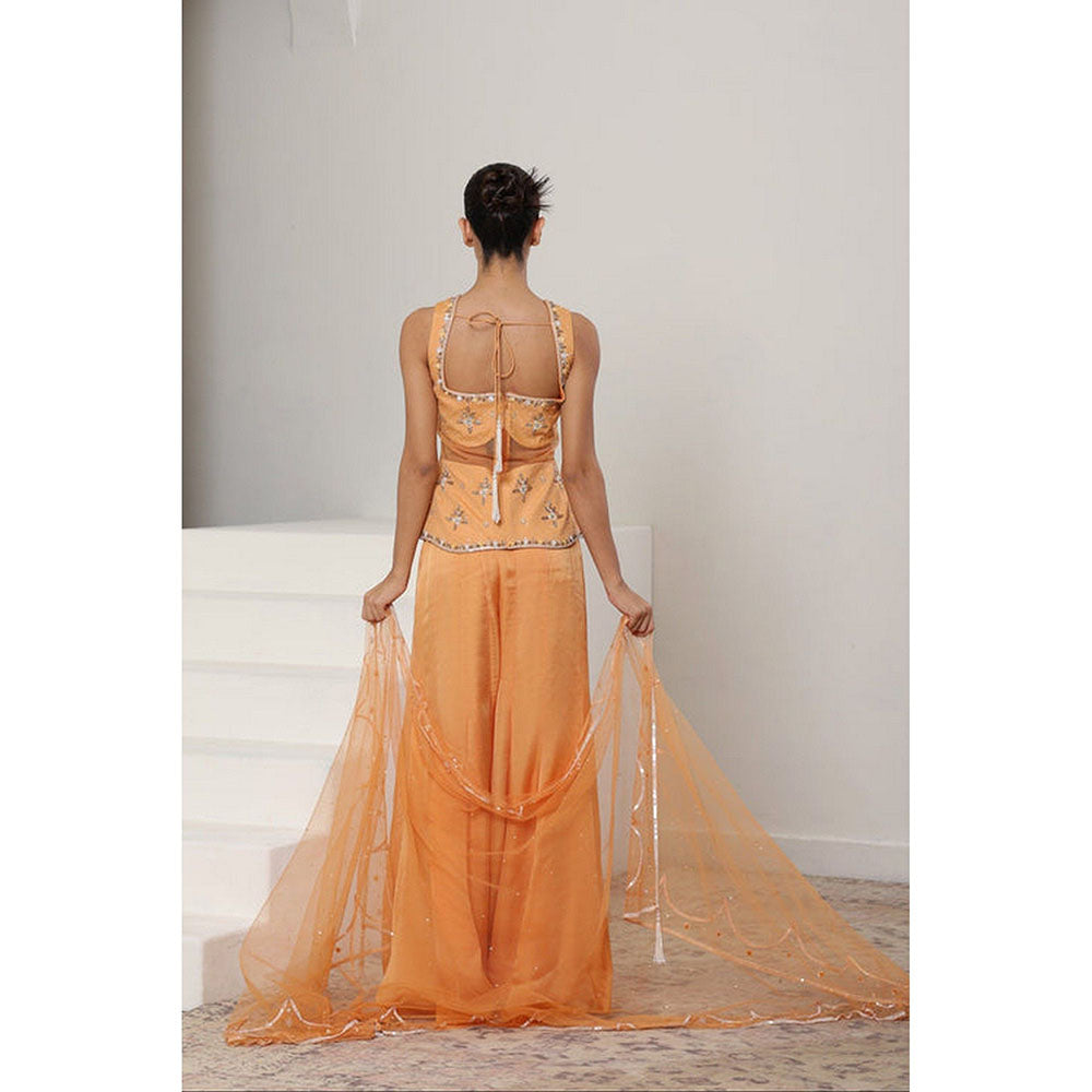 Sunanta Madaan Orange Silk Crepe Draped Sharara with Tunic and Dupatta