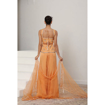 Sunanta Madaan Orange Silk Crepe Draped Sharara with Tunic and Dupatta