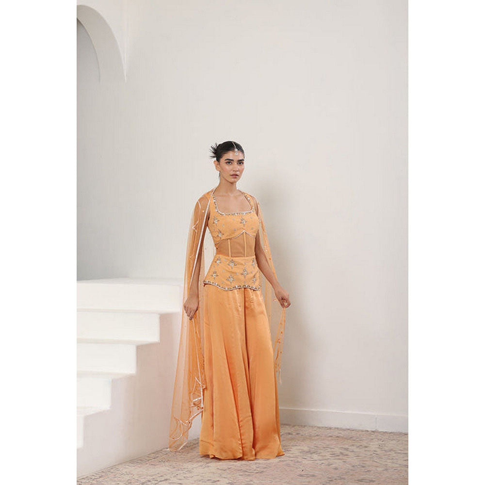 Sunanta Madaan Orange Silk Crepe Draped Sharara with Tunic and Dupatta