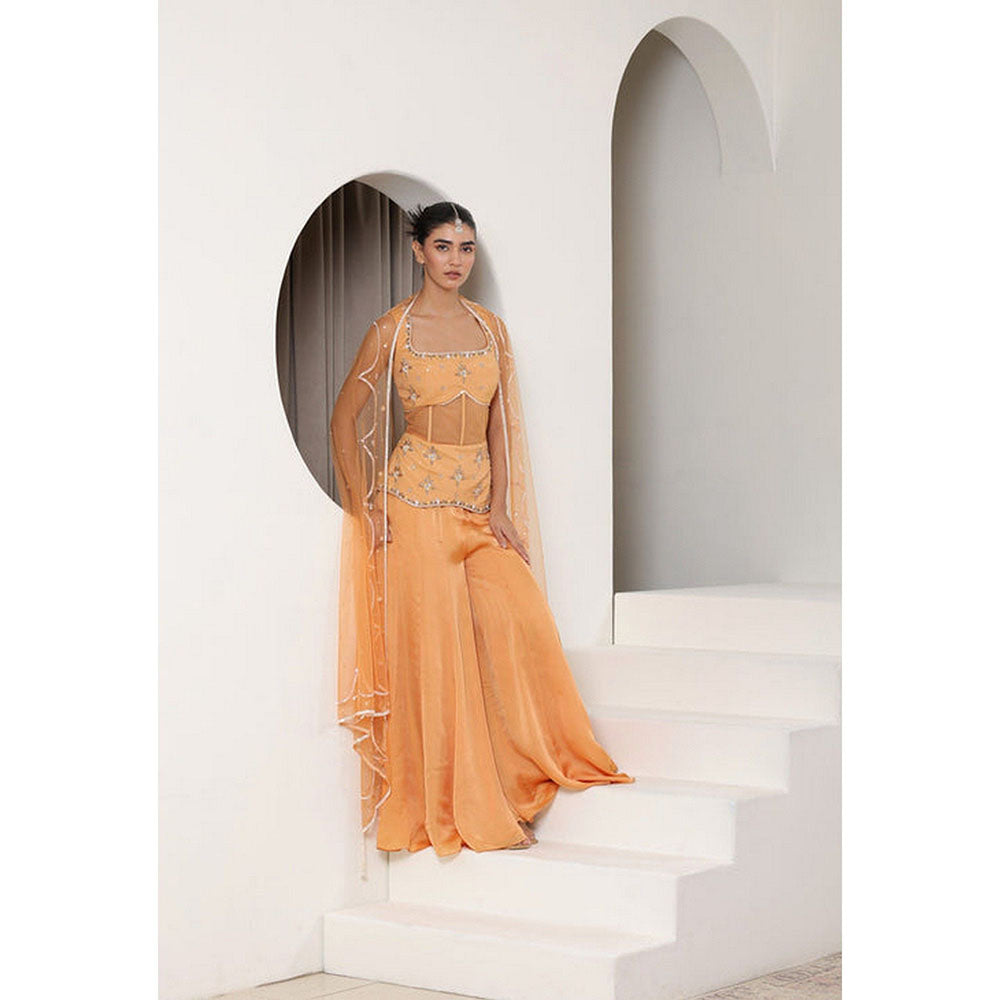 Sunanta Madaan Orange Silk Crepe Draped Sharara with Tunic and Dupatta