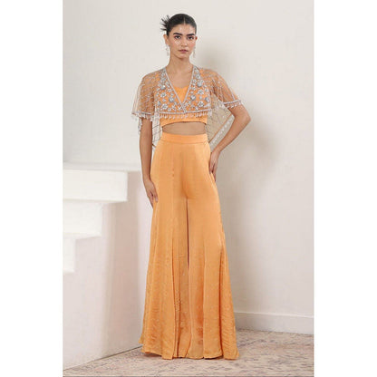 Sunanta Madaan Orange Satin Organza Embroidered Sharara with Blouse and Cape