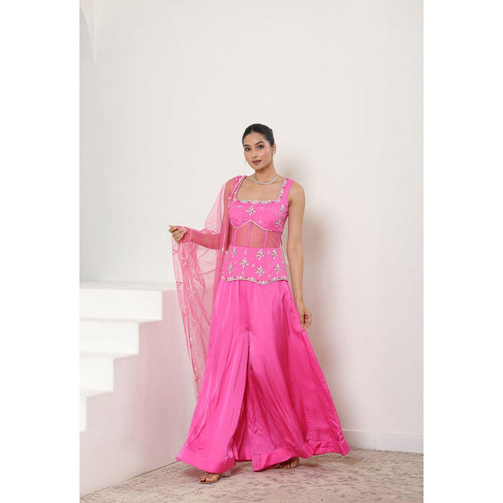 Sunanta Madaan Pink Satin Organza Embroidered Sharara with Top and Dupatta