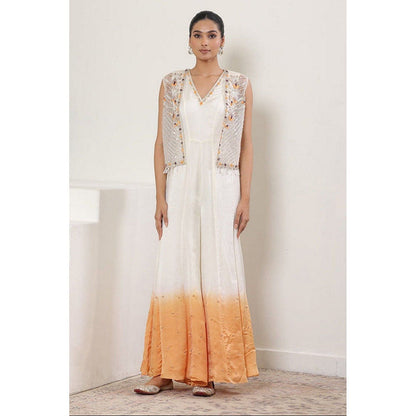 Sunanta Madaan Ivory with Orange Satin Organza Jumpsuit with Cape