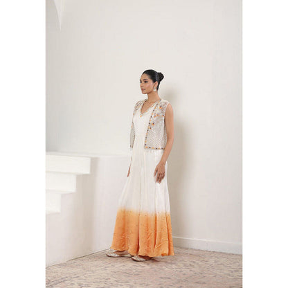 Sunanta Madaan Ivory with Orange Satin Organza Jumpsuit with Cape