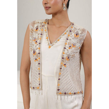 Sunanta Madaan Ivory with Orange Satin Organza Jumpsuit with Cape