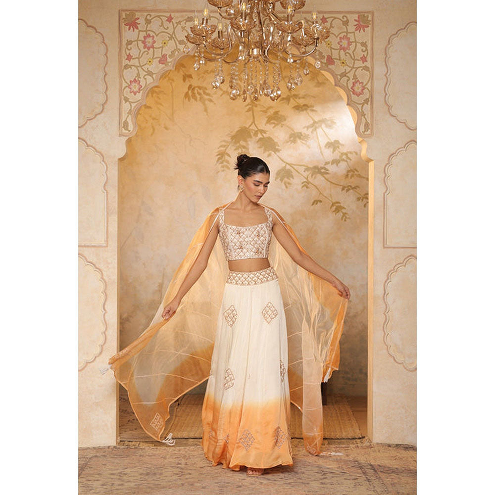 Sunanta Madaan Ivory-Orange Embroidered Raw Silk Blouse with Lehenga and Dupatta
