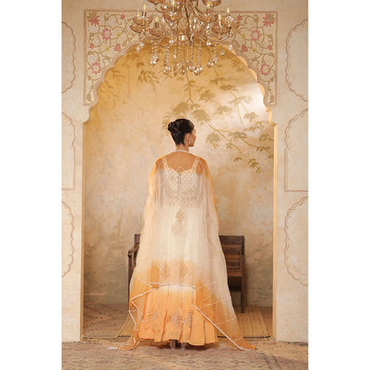 Sunanta Madaan Ivory-Orange Embroidered Raw Silk Blouse with Lehenga and Dupatta