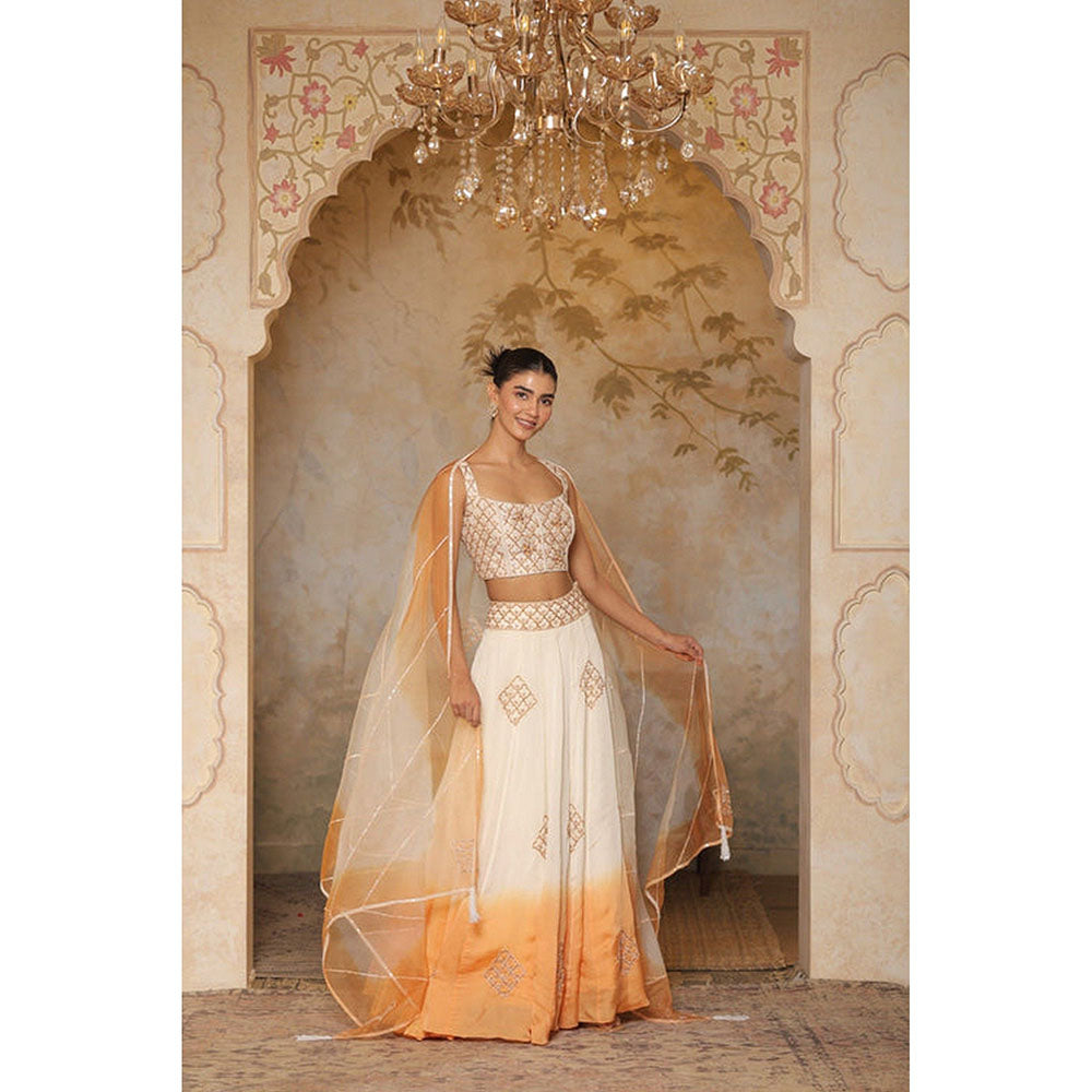 Sunanta Madaan Ivory-Orange Embroidered Raw Silk Blouse with Lehenga and Dupatta