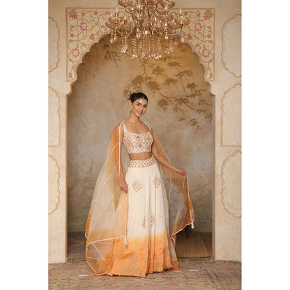 Sunanta Madaan Ivory-Orange Embroidered Raw Silk Blouse with Lehenga and Dupatta
