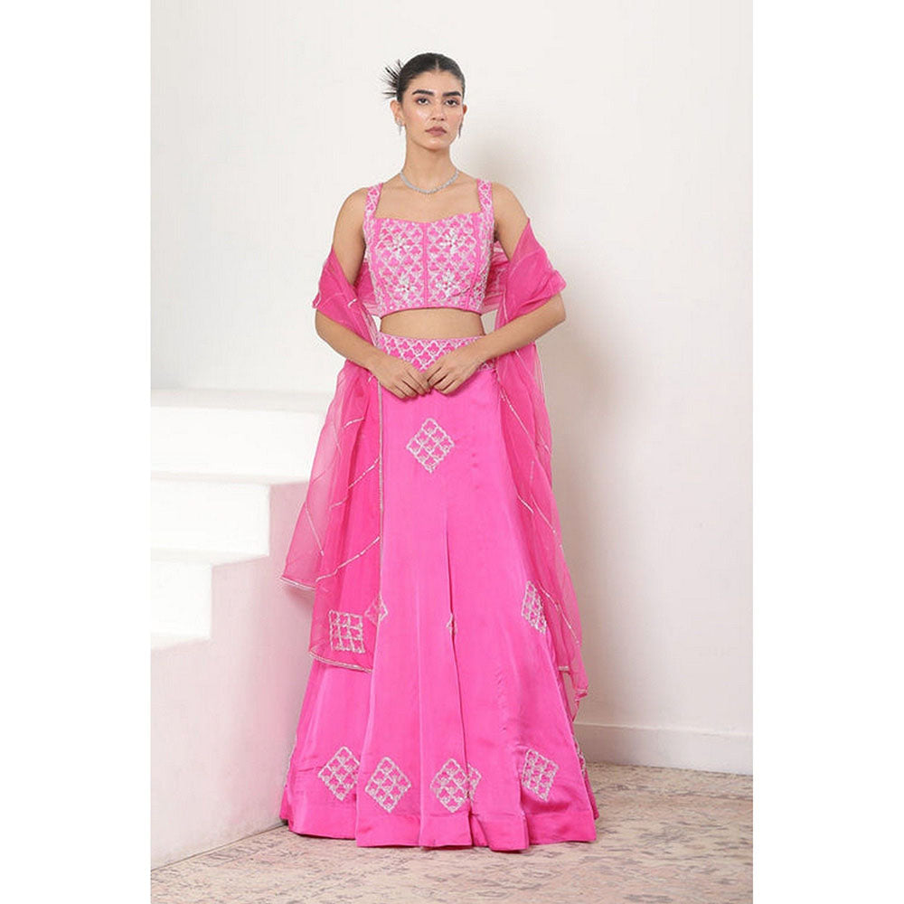 Sunanta Madaan Pink Satin Organza Embroidered Lehenga with Choli and Dupatta