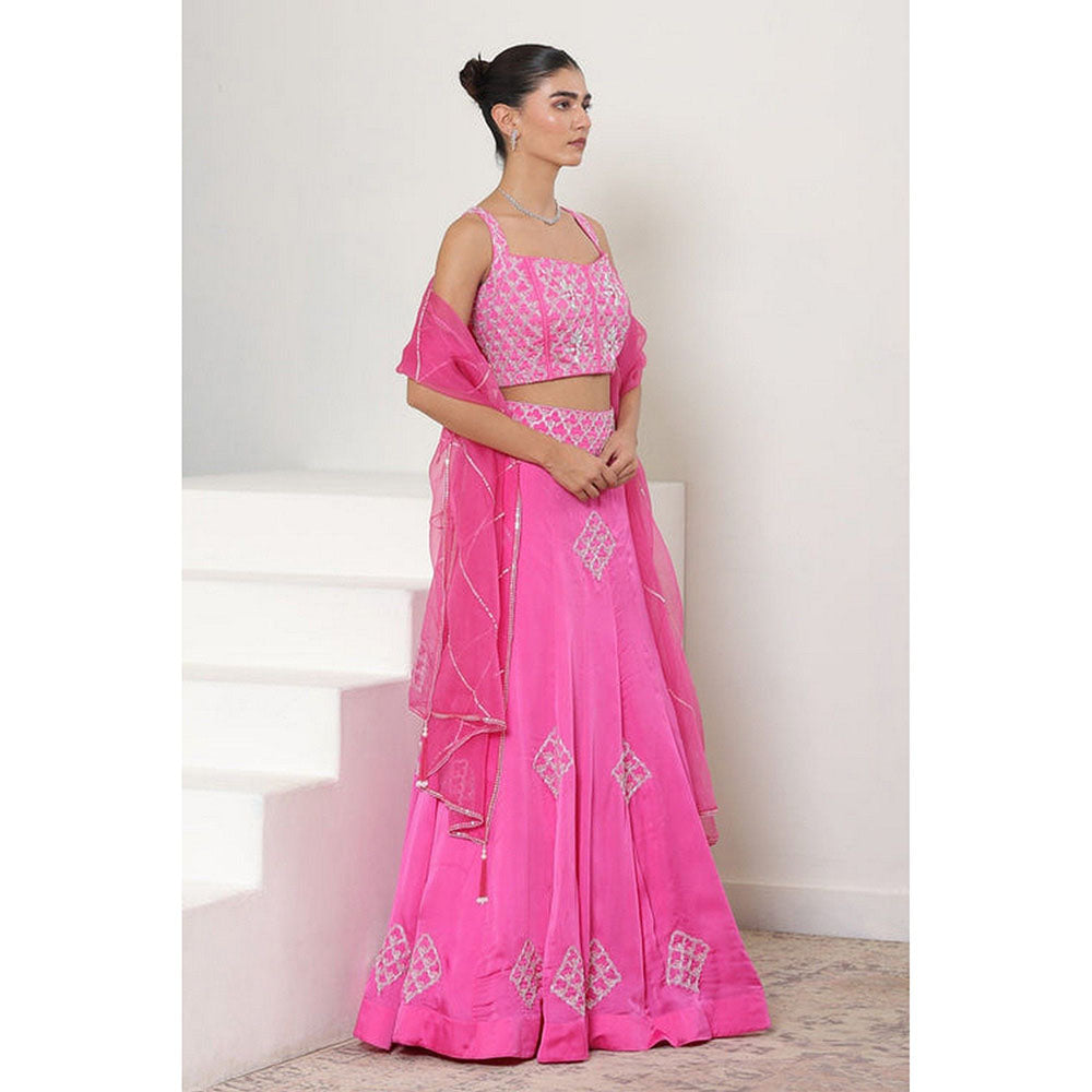 Sunanta Madaan Pink Satin Organza Embroidered Lehenga with Choli and Dupatta