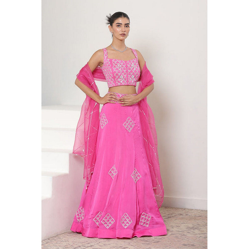 Sunanta Madaan Pink Satin Organza Embroidered Lehenga with Choli and Dupatta