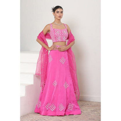 Sunanta Madaan Pink Satin Organza Embroidered Lehenga with Choli and Dupatta